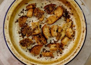 spiced bread croutons out of oven