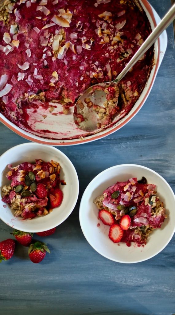 sweet breakfast bake make ahead with strawberries rhubarb and oats